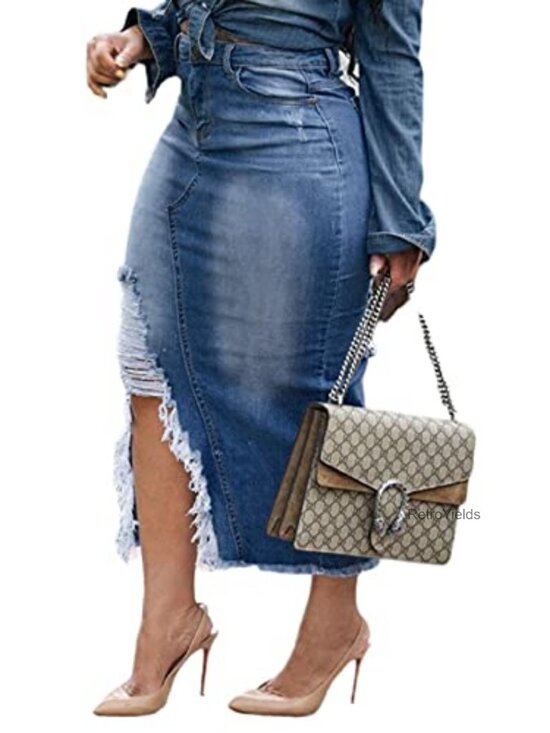 Dresses & Skirts - Women's Stretch Denim Midi Skirt with Slit and Pockets